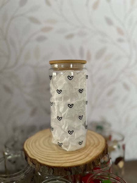 Tiny Hearts | 20 oz Glass Tumbler with Bamboo Lid & Straw: Black / Clear