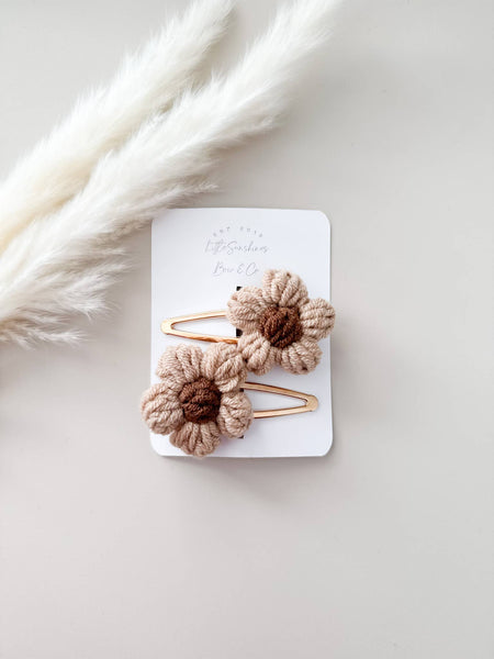 Crochet Flowers Hair Clips & Headbands: Tan & Brown Flower / Pigtail Set - Lulu Bella Boutique