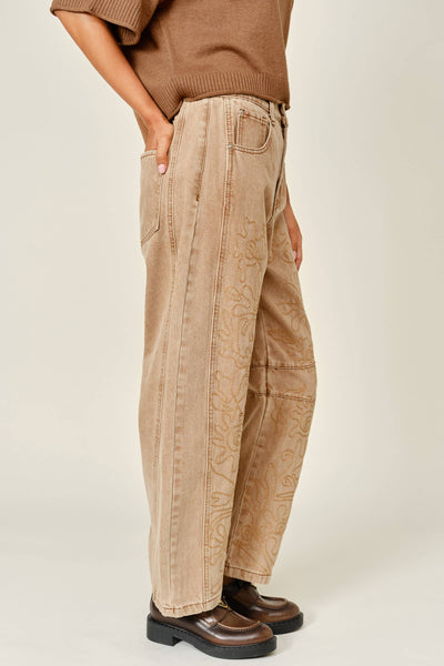 EMBROIDERED DETAIL COTTON BARREL PANTS: RUST