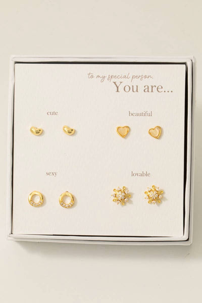 Gold Dipped Cluster And Heart Stud Earrings Set: GD - Lulu Bella Boutique