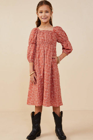 Girls Botanical Embroidered Peasant Sleeve Dress: Rust