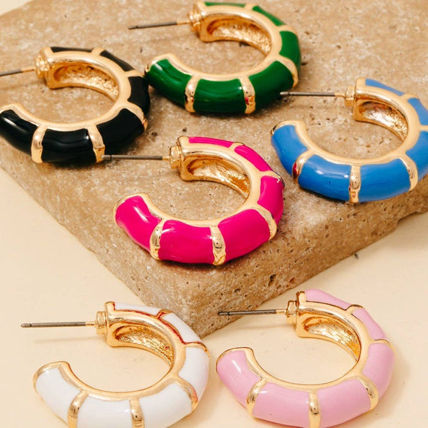 Enamel Bamboo Style Hoop Earrings: WHT - Lulu Bella Boutique