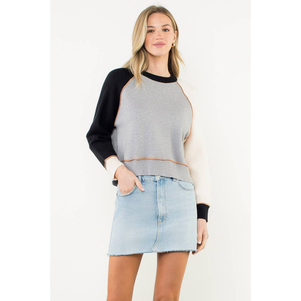 Colorblock Long Sleeve Knit Top: GRAY / XS-S-M-L(1-2-2-1) - Lulu Bella Boutique