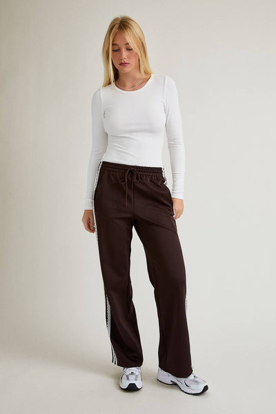 MID RISE SIDE STRIPE & LACE TRIM DETAIL TRACK PANTS: BROWN-WHITE - Lulu Bella Boutique