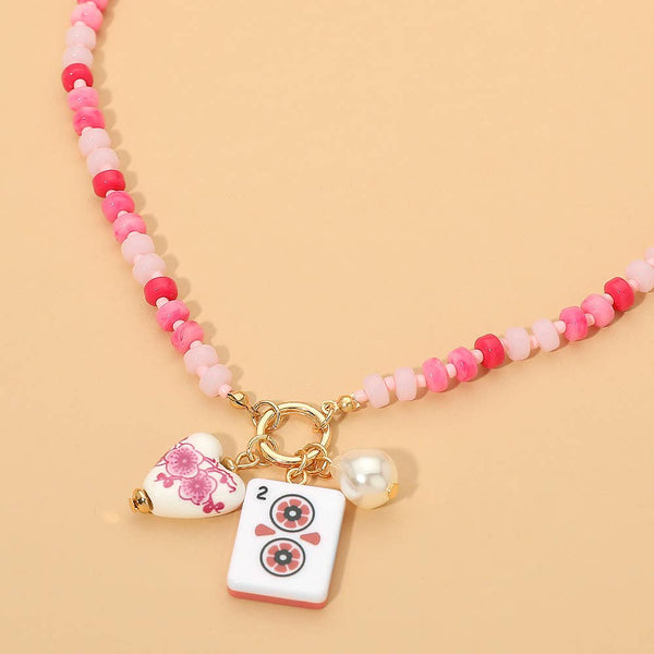 Mahjong Tile Charm Pearl Floral Bead Ball Charm Pendant Beaded Necklace: Blue,Gold