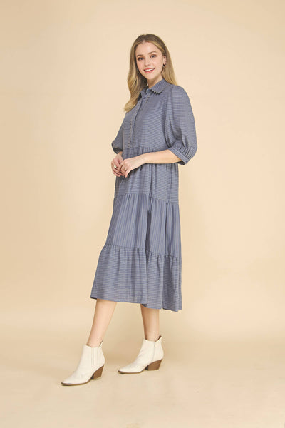Gingham Tiered Midi Dress: Denim Blue
