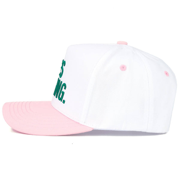 C.C HE'S GOLFING Letter Embroidered on Two Tone Trucker Hat: Light Pink - Lulu Bella Boutique