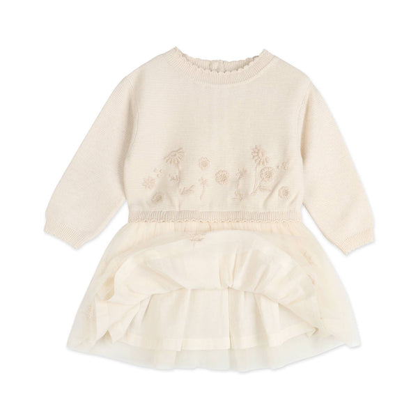 Clara Floral Knit Baby Tutu Dress (Organic Cotton): Ecru