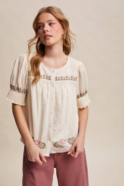 Embroidered Textured Puff-Sleeve Blouse LT1463: Off-White / Contemporary / S - Lulu Bella Boutique