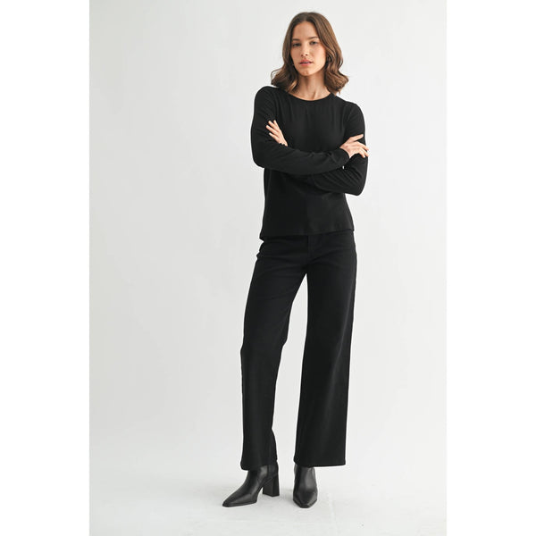 ROUND NECK LONG SLEEVE KNIT TOP: Black / S-M-L(2-2-2) - Lulu Bella Boutique