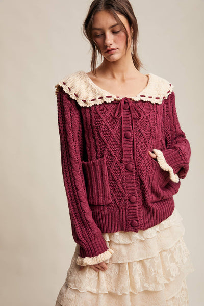 Two-Tone Crochet Collar Cable Knit Cardigan: Cranberry