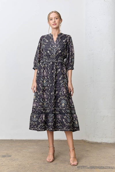 PRINTED V-NECK MIDI DRESS: BLACK MULTI