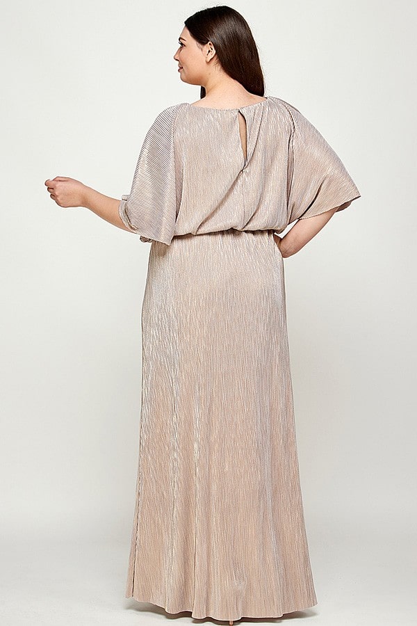 strapless open back dress Cape Style Metallic Pleated Maxi Dress (Extended Sizes) Grey/Gold / 3XL