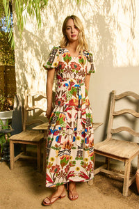 FLORAL PRINT TIERED MAXI DRESS - 5943D: IVORY/RED / L - Lulu Bella Boutique