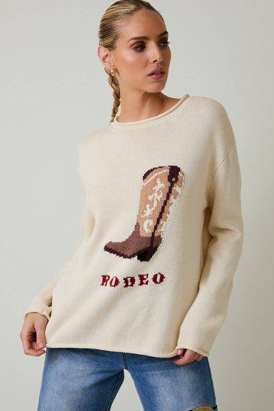ROUND NECK LONG SLEEVE "RODEO" GRAPHIC SWEATER: CREAM / S - Lulu Bella Boutique