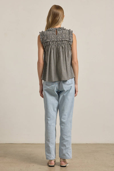 GINGHAM RUFFLE BLOUSE - RT1037: Black / S-M-L (3-2-1) - Lulu Bella Boutique