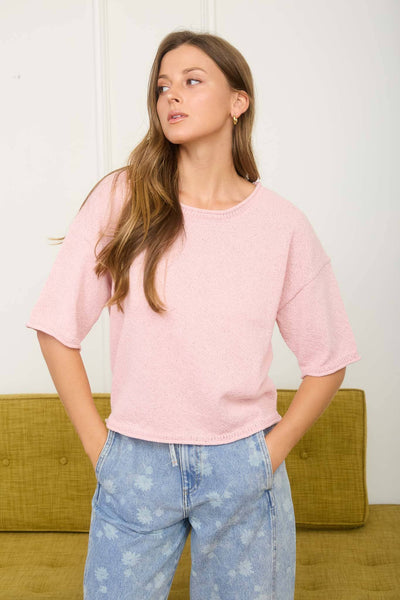 RAW EDGE BOXY SHORT SLEEVE KNIT SWEATER: LIGHT PINK - Lulu Bella Boutique