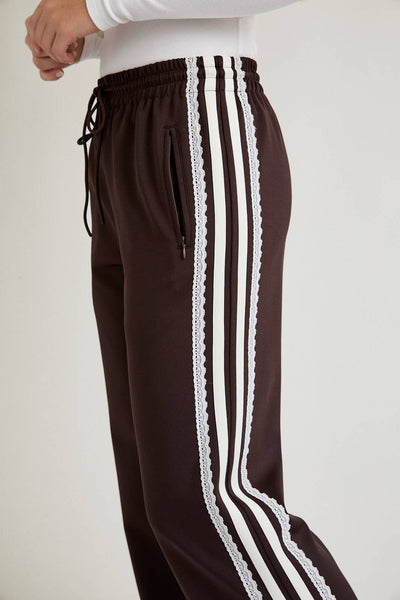 MID RISE SIDE STRIPE & LACE TRIM DETAIL TRACK PANTS: BROWN-WHITE - Lulu Bella Boutique