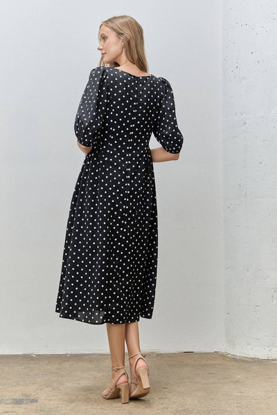 Classic Polka Dot Puff Sleeve Midi Dress: BLACK/IVORY