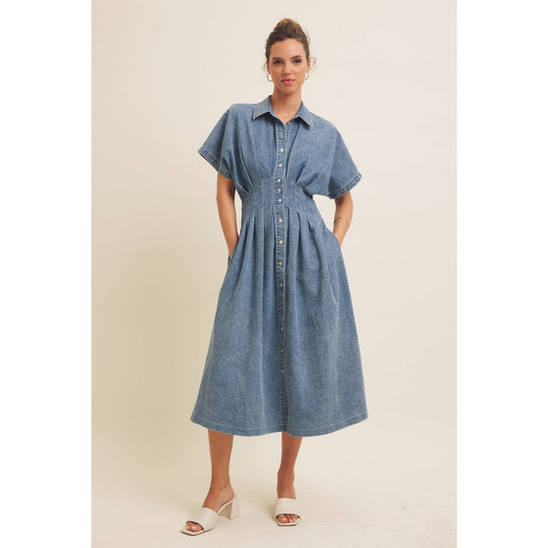 STRETCHY DENIM MIDI DRESS WITH MINERAL-WASHED: WASHED DENIM / L - Lulu Bella Boutique
