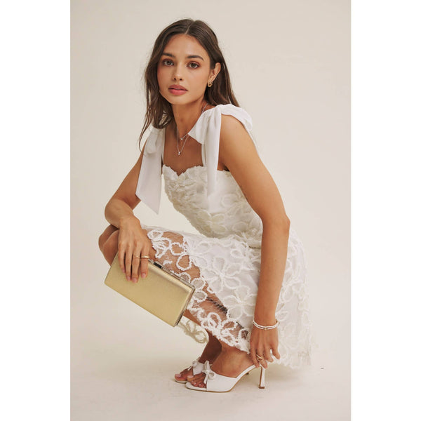PARIS EVENING LACE FLORAL EMBROIDERY MINI WITH SHOULDER TIE: CREAM / S - Lulu Bella Boutique