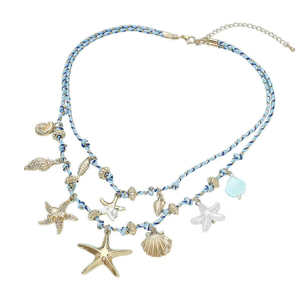 Seashell Pearl Starfish Shell Charm Station Double Layered Cord Necklace - Lulu Bella Boutique