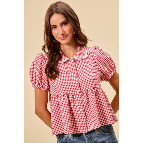 CHECK FRONT BUTTON SHORT PUFF SLEEVES BLOUSE TOP: RED CHECK / S - Lulu Bella Boutique