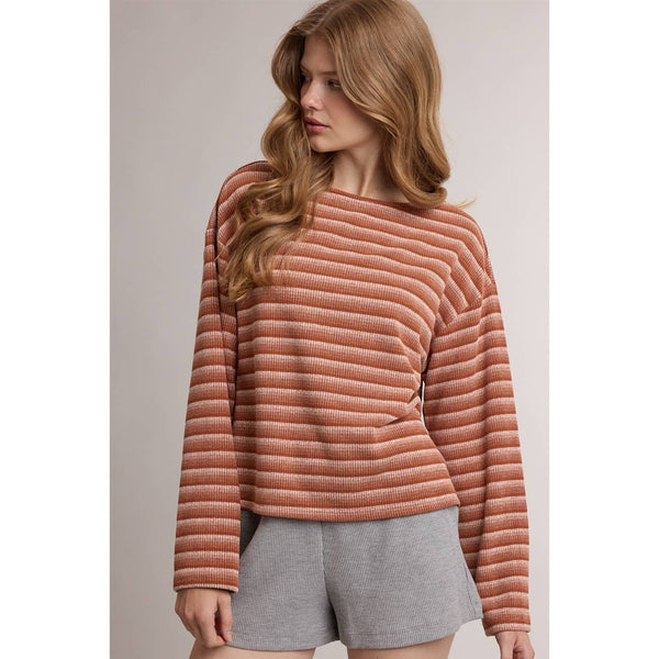 GRADIENT STRIPE RIB KNIT LONG SLEEVE TOP: RUST MULTI
