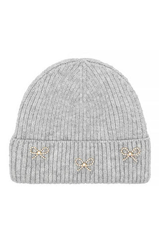 C.C Pearl Bow Charm Cuff Beanie: Light Gray