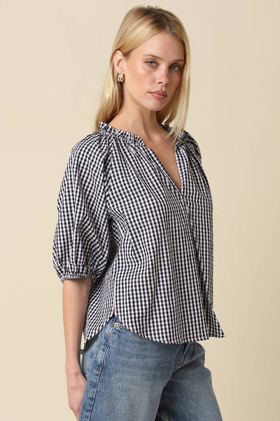 Haylee Gingham Puff-Sleeve Shirt: Black / Contemporary / S - Lulu Bella Boutique