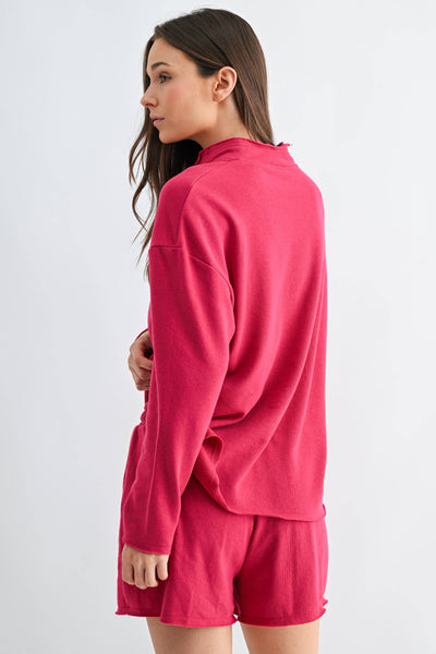 Offset Raw Edge Half-Zip Set: PLUM PINK / S:M:L (2:2:2) - Lulu Bella Boutique