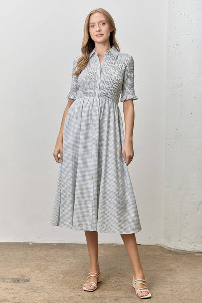 Gingham Smocked Bodice Button-Front Midi Dress: SAGE/IVORY - Lulu Bella Boutique