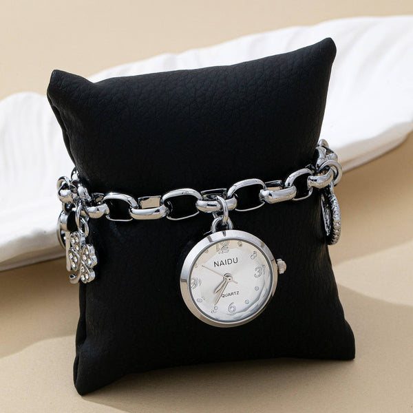 ROUND DIAL CHARM CLOVER HEART BRACELET WATCH | 80W016: Gold White - Lulu Bella Boutique