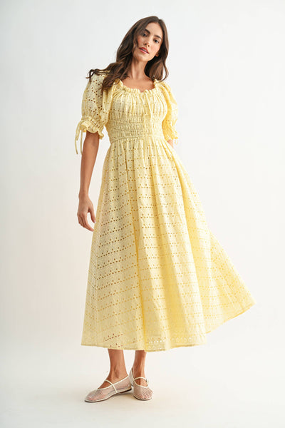 Eyelet Maxi Dress with Smocked Bodice Puff Sleeves: LT.YELLOW - Lulu Bella Boutique