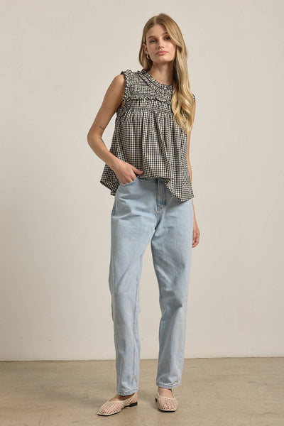 GINGHAM RUFFLE BLOUSE - RT1037: Black / S-M-L (3-2-1) - Lulu Bella Boutique