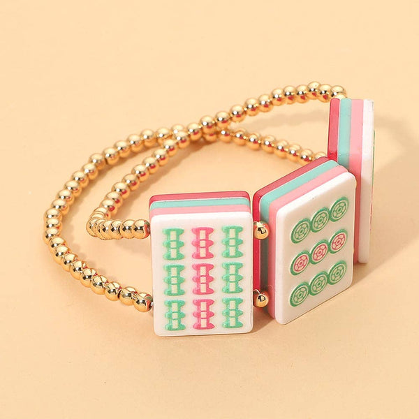 Mahjong Tile Beaded Stretch Bracelet: Gold,Multi