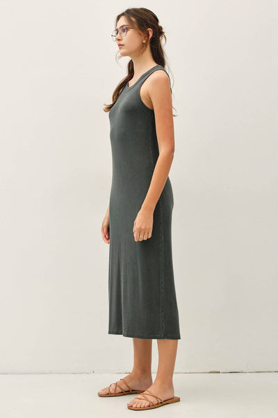 GARMENT WASHED RIBBED SLIM MIDI TANK DRESS: CHARCOAL / S - Lulu Bella Boutique