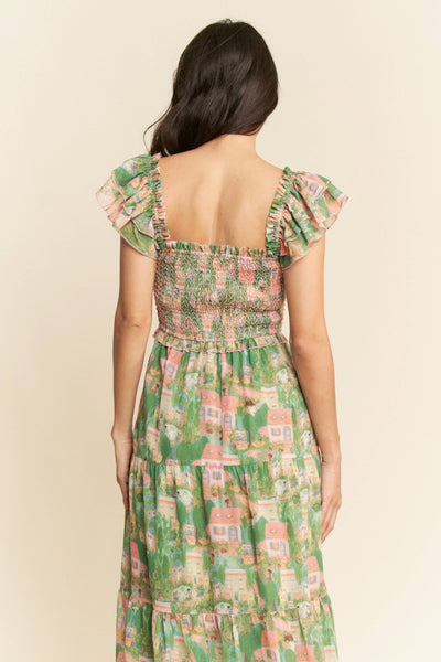 VILLAGE SMOCKING BODICE RUFFLE SLEEVE MAXI DRESS: Pink green / S - Lulu Bella Boutique