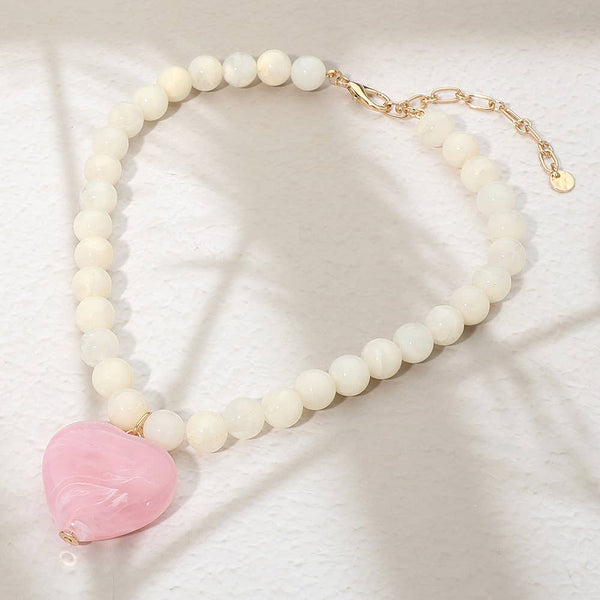 Chunky Marbled Resin Heart Charm Beaded Necklace: Rose