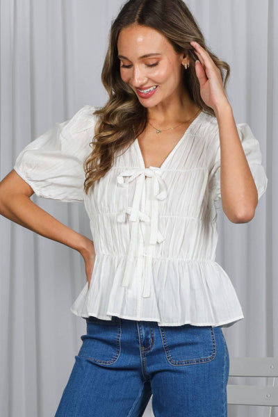 Front Tie, and Subtle Elasticized Detailing Blouse VT83038: Cream / S - Lulu Bella Boutique