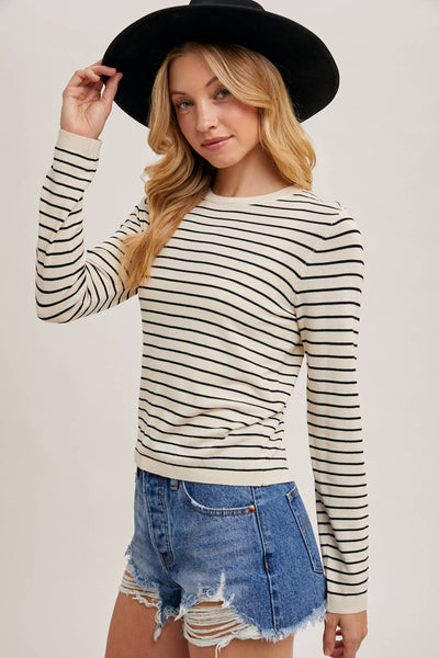 STRIPED CREW NECK KNIT TOP LONG SLEEVE: OATMEAL / L