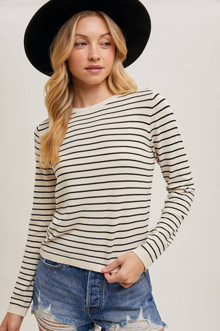 STRIPED CREW NECK KNIT TOP LONG SLEEVE: OATMEAL / S