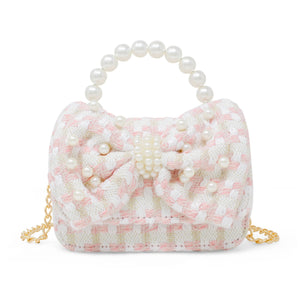 Girls Tweed Jumbo Pearl Bow Handbag: Pink