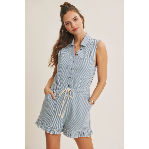 SUN-FILLED DAYS BREEZY COTTON STRIPE BUTTON-FRONT ROMPER: LT. BLUE / S - Lulu Bella Boutique