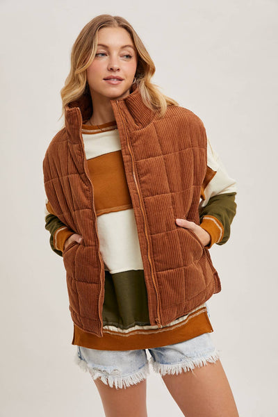 CORDUROY QUILTED PUFFER VEST: CAMEL / L