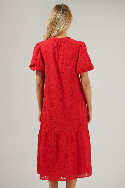 Villa Nova Eyelet Midi Dress: Red / S - Lulu Bella Boutique