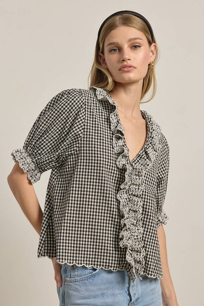 Gingham Lace Ruffle Blouse - RT1172: BLACK GINGHAM / S-M-L (3-2-1) - Lulu Bella Boutique