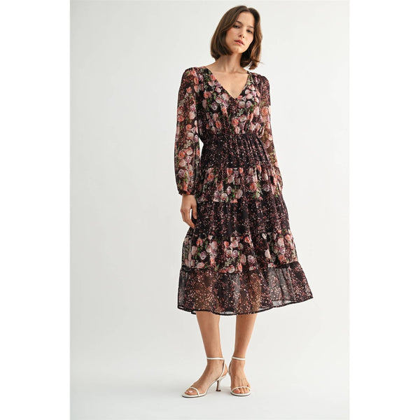 MIX FLOWER V NECK MIDI DRESS: Burgundy