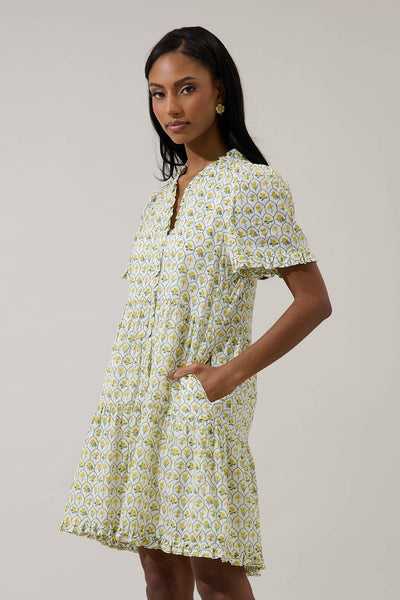 Trinny Medallion Kara Shift Mini Dress: White-Yellow - Lulu Bella Boutique