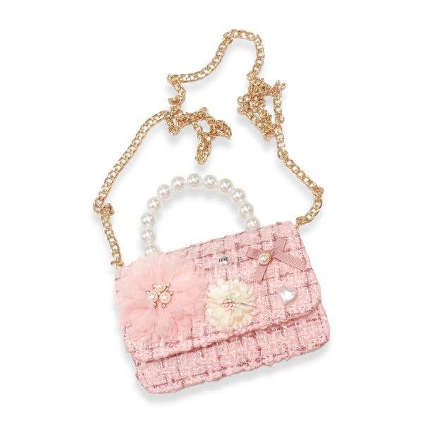 B1305 Floral Appliques Tweed Purse (3 Colors): Beige